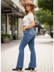 Jeans vaqueros mezclilla gruesa bootcut talle alto pretina ancha casual acampanados tobillo diseño dibujo tejido bordado calaveras look casual rockero country. - Azul lavado medio - Ver 3