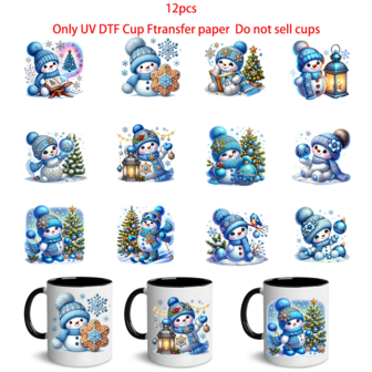 12pcs Blue Snowman Christmas Pattern Waterproof Wipeable UV DTF Transfer Paper Cup Sleeves, Fit For 16oz Glass Coffee Cups, Mugs, Ceramics, Decorations, Suitable For DIY Crafters (Packaging Sold, Cups Not Included)