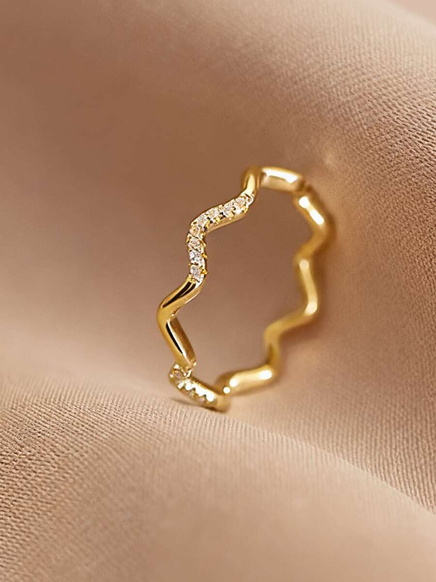 1pc S925 Sterling Silver Wave Design Synthetic Zirconia Stone Women's Ring, Elegant & Suitable For Daily Wear - Yellow Gold - View 1