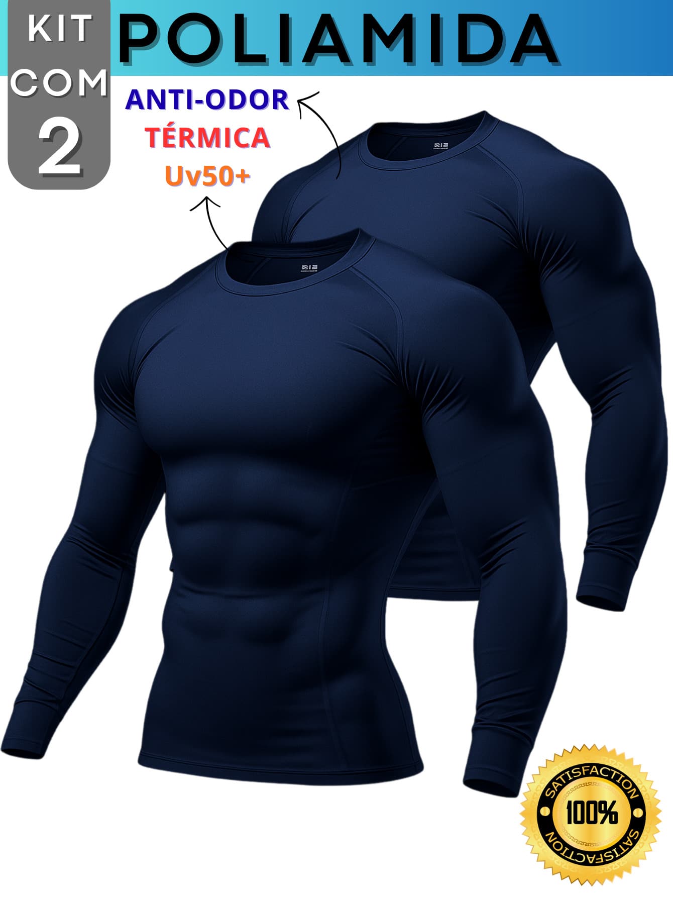 Kit With 2 Polyamide UV50+ Thermal Long Sleeve Compression Anti-Odor Raglan Shirts KJG - Navy Blue and Navy Blue - View 1