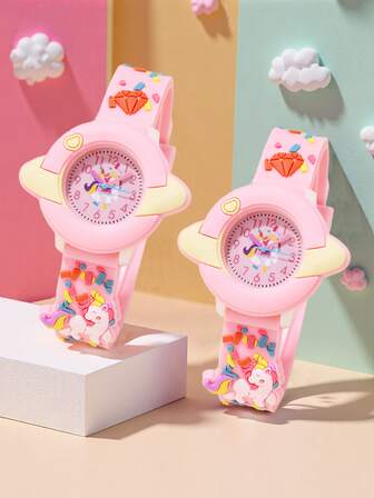 1pc Fashionable Cute Planet & Unicorn Pattern Quartz Watch, Suitable As Gift For Girls, Back To School, Birthday