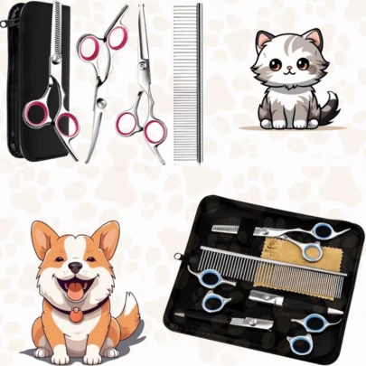 Conjunto de tesouras profissionais para tosa de animais de estimação (7 peças), adequadas para cães e gatos.