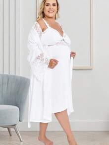 Kit Plus Size Camisola Amamentação Gestação e Robe luxo Renda - Branco - Visão 1