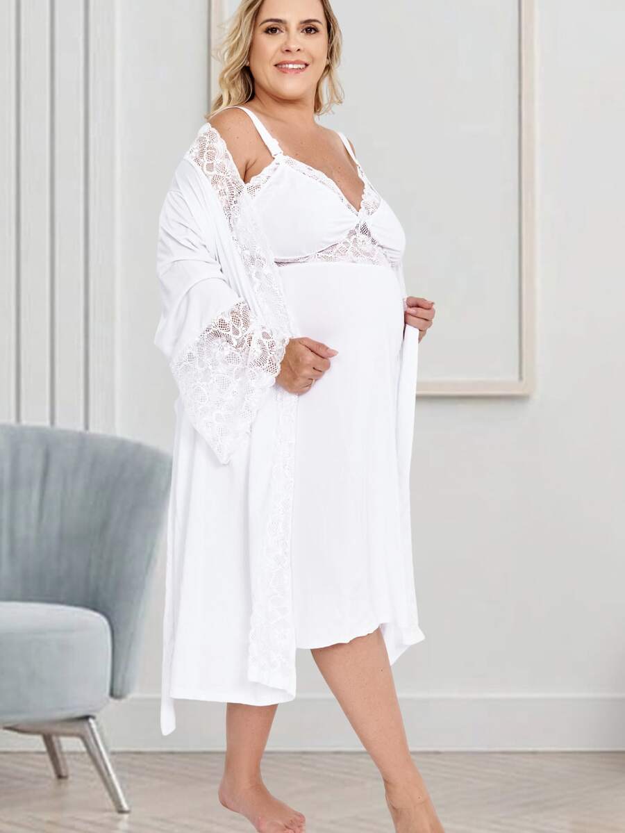 Kit Plus Size Camisola Amamentação Gestação e Robe luxo Renda - Branco - Visão 1