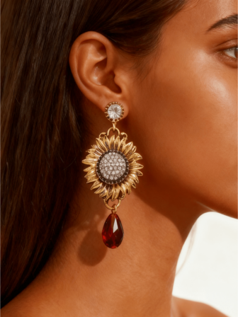 1 Pair Vintage Sunflower Teardrop Metal Earrings, Suitable For Women's Daily Wear, Gifts, Or Parties And Events