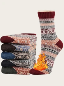 1/5/10 Pairs Women's Retro Wool Blend Mid-Calf Knit Socks, Warm & Thick, Suitable For Autumn/Winter, Ideal Outdoor Sports Couples Gift Socks - Multicolor - View 8
