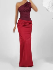 Abito estivo WOWDARK, outfit rosso per San Valentino, abito da festa asimmetrico con spalla e patchwork, abito da sirena elegante per donna, adatto per feste di compleanno, feste, San Valentino, appuntamenti e altre occasioni - Rosso - Visualizzare 3