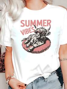 Playera de mujer 100% algodón con estampado veraniego de vaca relajada y gafas de sol, estilo casual fresco, cómoda, ideal para días de playa y ocio diario - Blanco - Ver 6