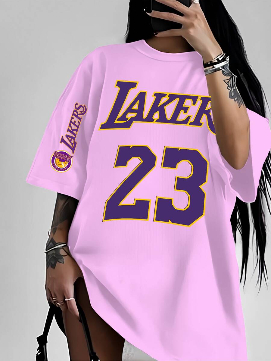 Women's Basic T-Shirt American Style Basketball Player Streetwear Fashion High School Cotton Modern Stylish T-Shirt Blouse - 淺粉色 - 查看 1