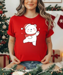Camiseta de manga corta para mujer con estampado navideño, OSO CON BUFANDA , apropiada para fiestas navideñas - Rojo - Ver 1