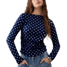 Cream White Gray Polka Dot Ruched Long Sleeve Top Women's Retro Slim Fit Crew Neck Casual T-Shirt - 藍色 - 查看 2