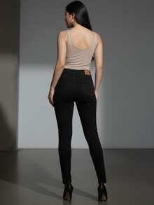 Vaqueros ajustados casuales para mujer, largos, con bolsillo, botón y cremallera, elasticidad media para uso diario. - Negro 9014-3 - Ver 4