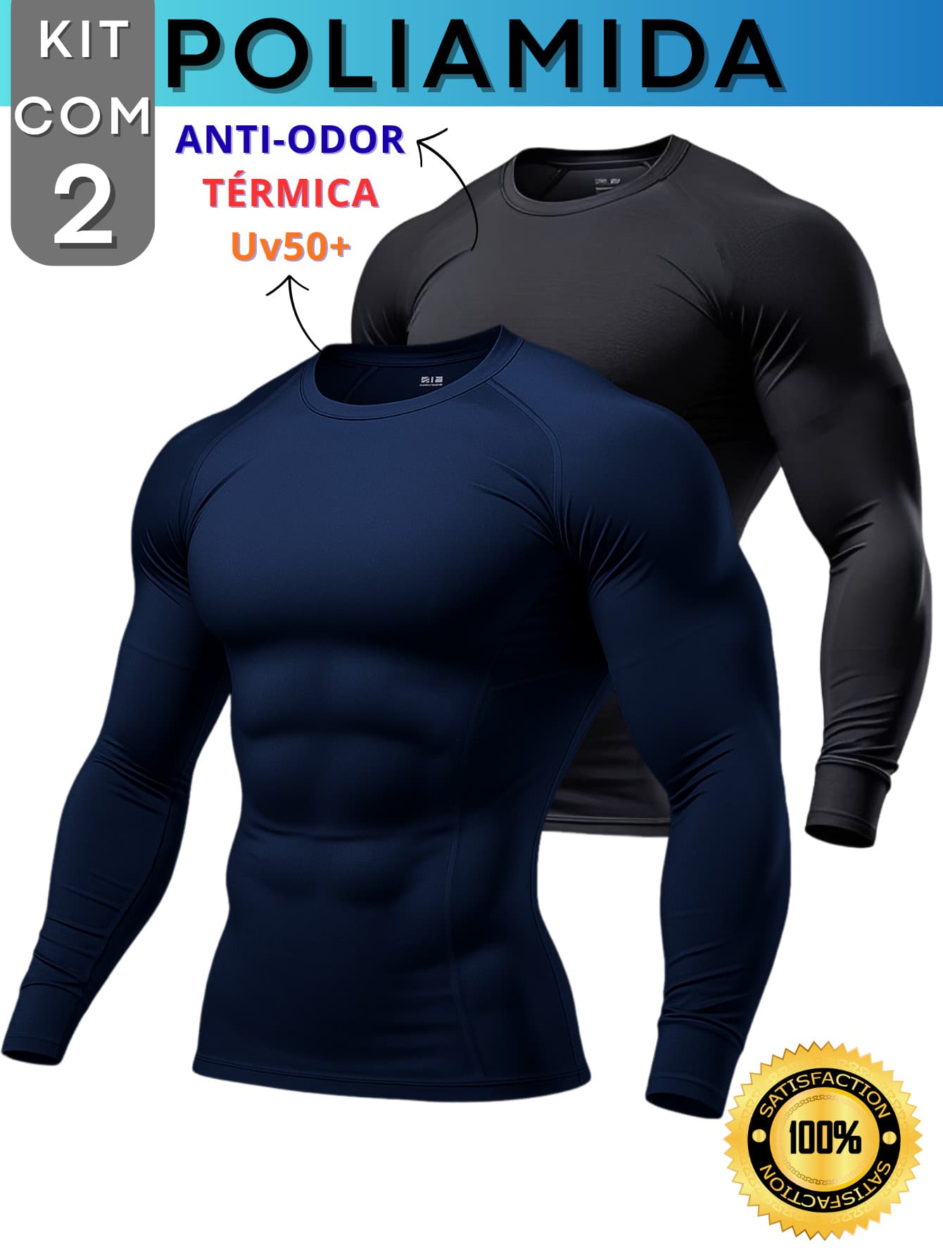 Kit With 2 Polyamide UV50+ Thermal Long Sleeve Compression Anti-Odor Raglan Shirts KJG - Negro y azul marino - Ver 1
