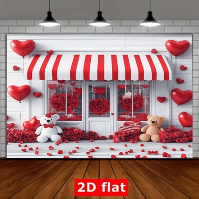 Romantic Valentine's Day Photography Background - Durable Polyester Fiber, With Charming Window Display And Heart-Shaped Decorations - Perfect For Love-Themed Photo Shoots And Valentine's Day Decorative Props