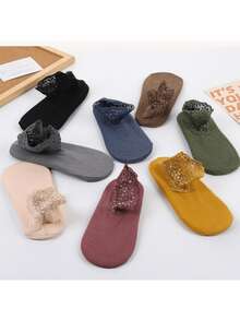 6/1pair Women's Boat Socks, German Fleece Autumn And Winter Warm Mid-Calf Silicone Non-Slip Thickened Lace Trim Winter Floor Socks - Multicolor - View 12