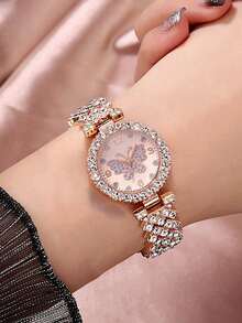 2pcs/Set Rose Gold Stainless Steel Rhinestone Decorated Butterfly & Round Shaped Dial Quartz Watch And Alloy Bracelet, Suitable For Daily Wear Holiday - Bronze - View 4