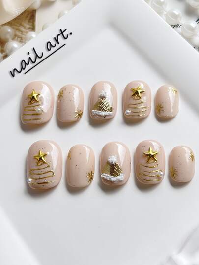 10片手工制作的圣诞主题中号椭圆形美甲贴片，带有3D圣诞树、雪山和星星图案。高品质闪亮美甲贴片，适合女性日常佩戴和圣诞庆祝活动。