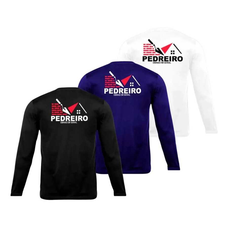 Kit 3 Camiseta Pedreiro Uniforme Térmica Trabalho Profissional DryFit Proteção U.V - Preto, Branco e Azul - Visão 1