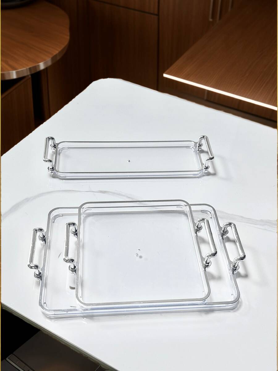 1pc Modern Luxury Double Handle Silver Edged Tray, Suitable For Wedding, Dessert, Outdoor, Multi-Purpose Serving Tray - Silver - View 1