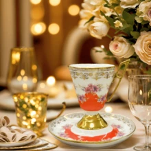 Ceramic Espresso Cup Saucer Set Christmas Gifts,100ml/ 3.38oz Luxury Floral Gold Border Pattern Pink Red Black,Cappuccino Latte Cup, Middle Eastern Tea Cup Latte Espresso And Plate Elegant Home Decor, Latte And Mocha, Suitable For Women's Birthday Parties