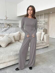 两件套女士牛奶丝睡衣套装，柔软舒适弹力睡衣，春/秋/冬款 - 灰色 - 查看 5