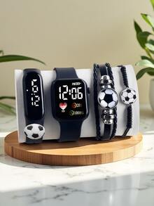 4件套全新LED数字足球宇航员显示电子表和全新LED显示数字电子表足球手链+球形皮革手链和球形编织手链。万圣节、圣诞节、情人节、母亲节等节日礼物的最佳选择 - 彩色 - 查看 21