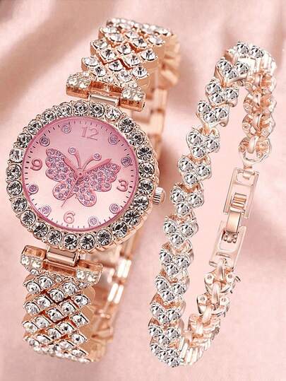 2pcs/Set Rose Gold Stainless Steel Rhinestone Decorated Butterfly & Round Shaped Dial Quartz Watch And Alloy Bracelet, Suitable For Daily Wear Holiday