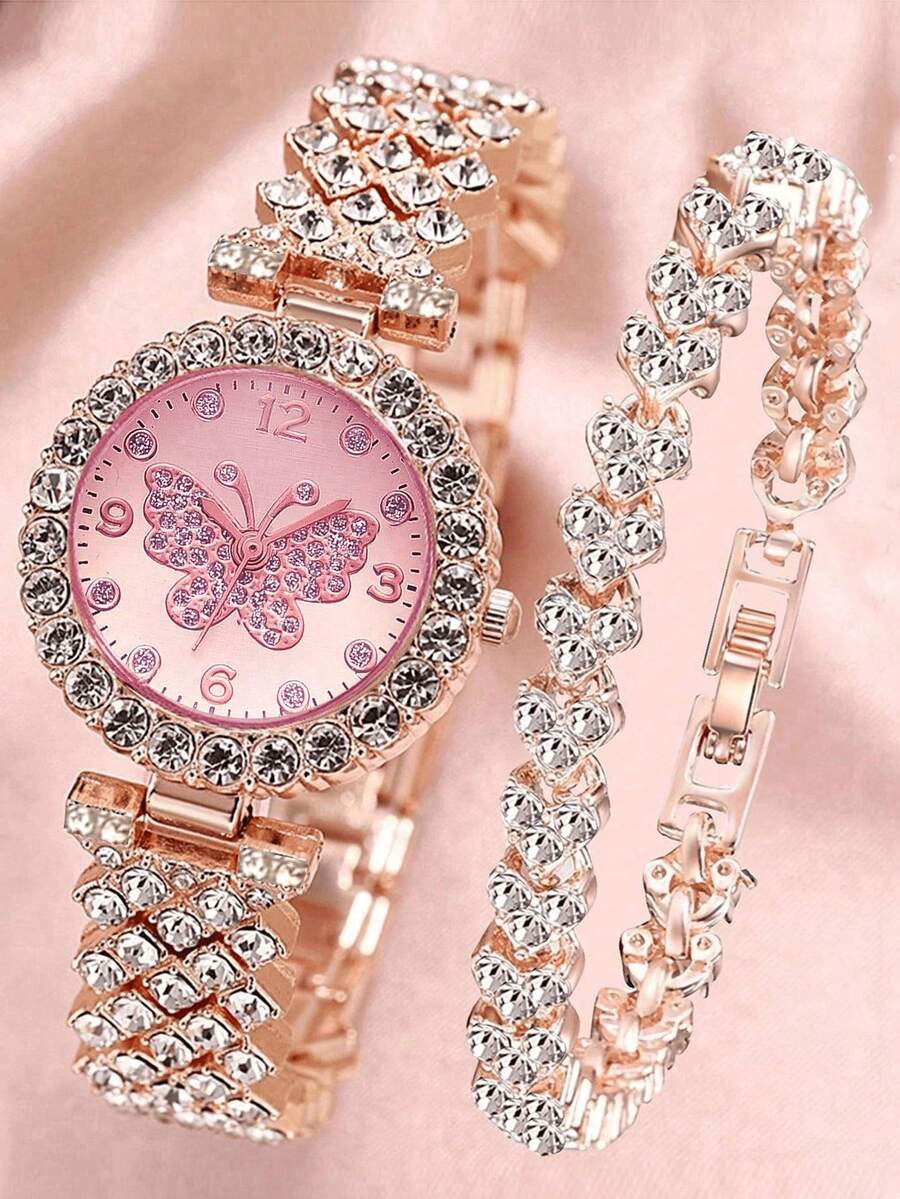2pcs/Set Rose Gold Stainless Steel Rhinestone Decorated Butterfly & Round Shaped Dial Quartz Watch And Alloy Bracelet, Suitable For Daily Wear Holiday - Bronze - View 1