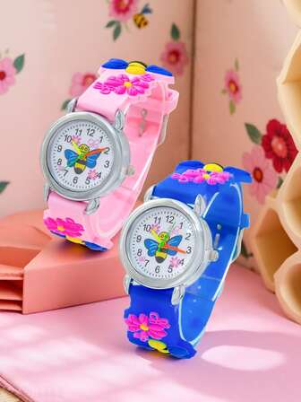 1pc Cute Flower & Bee Pattern Quartz Watch, PVC Strap, Battery Powered, Ideal Gift