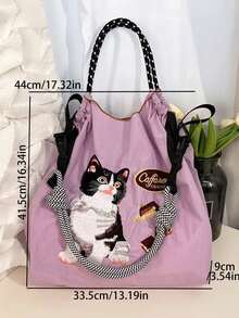1pc Fashionable Versatile Embroidered Tote Bag, Cartoon Cat Pattern, Lightweight Commuter Nylon Foldable Shopping Bag - Multicolor - View 6