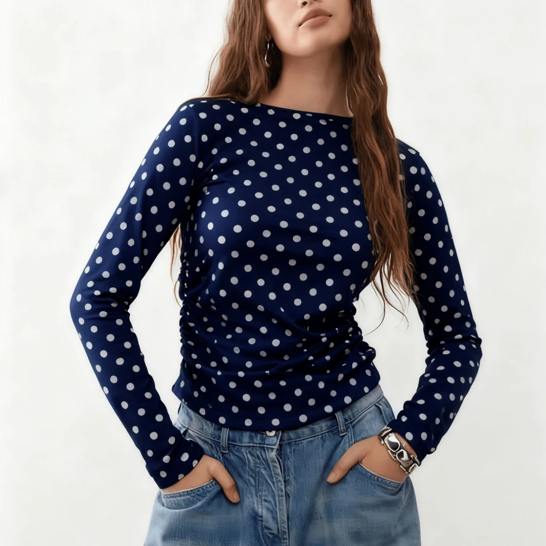 Cream White Gray Polka Dot Ruched Long Sleeve Top Women's Retro Slim Fit Crew Neck Casual T-Shirt - 藍色 - 查看 1