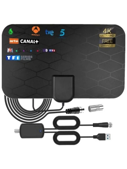 1pc Portable Indoor TV Antenna, Supports 4K UHD And 1080P, Smart Amplifier With Signal Booster, USB Powered Digital Antenna For Smart TVs And TVs With HDTV Tuner Or Digital Converter Box, Frequency Range VHF(170-240MHz)/UHF(470-860MHz), 36dBi Signal Amplification, With F-Type Connector And IEC Adapter, Compatible With Various Digital Terrestrial Signals: (DVB-T/T2/ISDB-T/DMB-T/H/ATSC) And DAB/FM Radio HDTV Channels, No Battery Required, Easy Installation