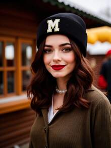 1顶男女通用个性化刺绣A-Z字母弹力针织帽，时尚街头嘻哈针织帽，适合秋冬季日常佩戴 - 黑色 - 查看 4