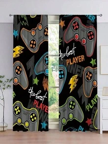 2pcs/Set Gaming Controller & Letter Pattern Curtains, Fun Polyester Curtains, Suitable For Bedroom And Living Room, 160g/㎡ - Multicolor - View 7