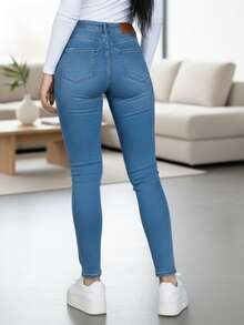 Vaqueros ajustados casuales para mujer, largos, con bolsillo, botón y cremallera, elasticidad media para uso diario. - Claro #9014-2 - Ver 2