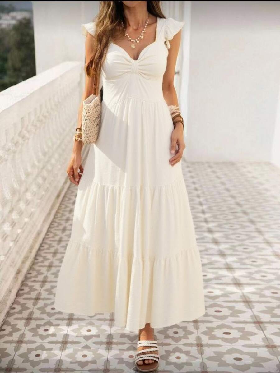 Loose-Fitting Beach Dress With V-Neck, Open Back, Waist Tie, And Loose Hem For Women. Perfect For Summer, Spring, Comfortable, Elegant, And Simple. Features Pleated Details, Ruffled Hem, And A Ruched Hem. Ideal For Vacation Or The Beach. - White - View 1