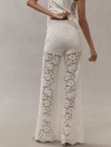 Women's Lace Bell Bottom Pants Mesh Flare Leg High Waisted Sheer  Goth Leggings Cover UpTrousers - White - View 9