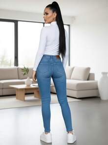 Vaqueros ajustados casuales para mujer, largos, con bolsillo, botón y cremallera, elasticidad media para uso diario. - Claro #9014-2 - Ver 4