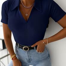 3-Piece Set: Women's Plain Short-Sleeve T-Shirt, Ribbed Cotton Fabric, Basic Style - BLACK+BROWN+OFF - View 4