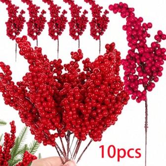 paquete de 10 tallos de bayas de acebo rojo de plástico para decoración navideña, ramas de bayas artificiales para centros de mesa festivos, decoración del hogar, bodas, cumpleaños y exteriores, estilo de bayas aleatorio