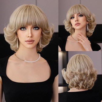 Short Silvery Blonde Retro Bob Wig With Bangs For Women Daily Party Synthetic Straight Light Blonde Wigs Heat Resistant