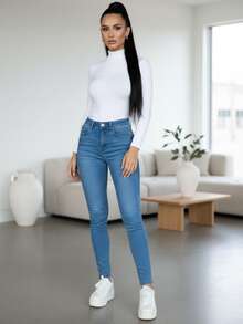 Vaqueros ajustados casuales para mujer, largos, con bolsillo, botón y cremallera, elasticidad media para uso diario. - Claro #9014-2 - Ver 3