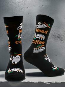 1 Pair Men's Sloth Graphic Mid-Calf Socks, Skin-Friendly Soft Comfortable Breathable - Black - View 2