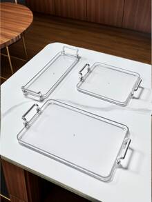1pc Modern Luxury Double Handle Silver Edged Tray, Suitable For Wedding, Dessert, Outdoor, Multi-Purpose Serving Tray - Silver - View 3