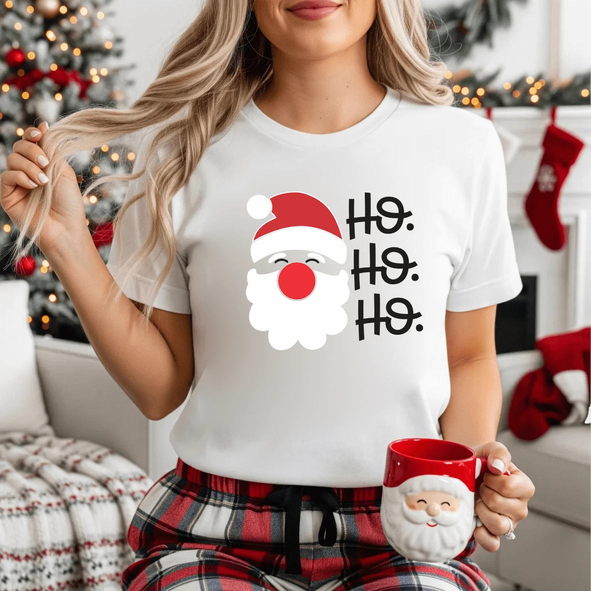 Camiseta de manga corta para mujer con estampado navideño, CARA SANTA, apropiada para fiestas navideñas - Blanco - Ver 1