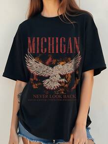 Playera de mujer 100% algodón con estampado artístico de águila vintage, estilo casual urbano, cuello redondo, manga corta, tejido suave y transpirable para uso diario elegante y cómodo - Negro - Ver 6