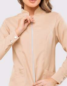 Women's Oxford Fitted Lab Coat With Zipper And Mandarin Collar - Evi - Light Beige - View 3