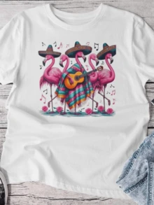 Camiseta de mujer con banda musical de flamencos, estampado de sombrero mexicano y guitarra, diseño de poncho colorido, camiseta informal holgada de manga corta para verano, top con estampado de animales adorables. - Blanco - Ver 1