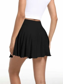 Women's Solid Color 2 In 1 High Waist Sports Skort, Comfy Breathable Skort For Tennis Golf, Ladies Sportswear For All Seasons, Lightweight Athletic Skirts, Sporty Breathable Skorts, Workout Skirts - 黑色 - 查看 5