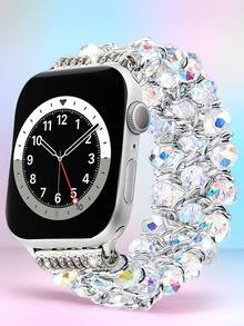 Pulsera con cuentas compatible con Apple Watch para mujeres, de 38mm, 40mm, 41mm, 42mm, 44mm, 45mm, 46mm, 49mm, con cristal y perlas, pulsera elástica de metal en colores rosa, plateado, negro y dorado rosa para Apple Watch Ultra Series SE 11 10 9 8 7 6 5 4 3 2 1